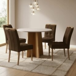 Mesa Redonda Celebrare 100 Amêndoa Clean/Off White com 4 Cadeiras Sophia Veludo Marrom – LOPAS + WM DECOR