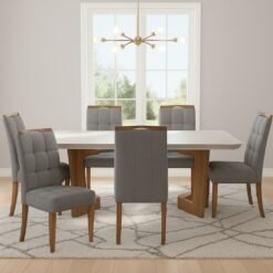 Mesa Liz 160 (Tampo 40 mm) Cinamomo/Off White com 6 Cadeiras Sophia Linho Cinza Grafite 206 – VALDEMÓVEIS + WM DECOR