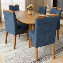 Mesa Isis 180 Freijó com 6 Cadeiras Sophia Veludo Azul – LEIFER + WM DECOR