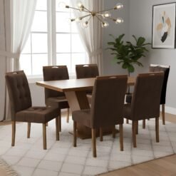 Mesa Classic 160 Cinamomo Laminado com 6 Cadeiras Sophia Veludo Marrom – CEL MÓVEIS + WM DECOR