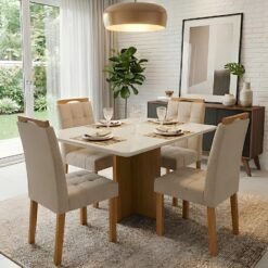 Mesa Salinas/Helô/Los Angeles 120 Cinamomo/Off White com 4 Cadeiras Sophia Veludo Bege – CEL MÓVEIS + WM DECOR