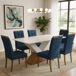 Mesa Amora BA35 160 Canela/Off White com 6 Cadeiras Sophia Veludo Azul – KAPPESBERG + WM DECOR