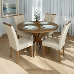 Mesa Redonda Simpatia 108 Cinamomo com 4 Cadeiras Sophia Linho Bege 200 – JCM MOVELARIA + WM DECOR