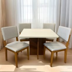 Mesa Salinas 120 Cinamomo/Off White com 4 Cadeiras Pérola Linho Cinza Prata – CEL MÓVEIS + DOBUÊ MOVELARIA