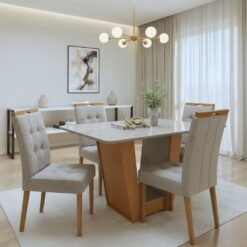Mesa Apogeu (Tampo Maxi) 120 Amêndoa Clean/Off White com 4 Cadeiras Sophia Veludo Bege – LOPAS + WM DECOR