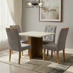 Mesa Salinas/Helô/Los Angeles 90 Cinamomo/Off White com 4 Cadeiras Yasmim Veludo Cinza Grafite – CEL MÓVEIS + KM DECOR