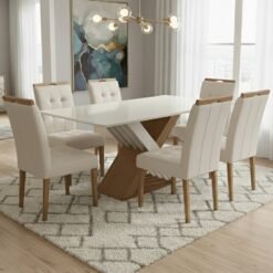 Mesa Graviola BA29 160 Canela/Off White com 6 Cadeiras Sophia Linho Bege 200 – KAPPESBERG + WM DECOR