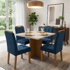 Mesa Salinas/Helô/Los Angeles 90 Cinamomo/Off White com 4 Cadeiras Sophia Veludo Azul – CEL MÓVEIS + WM DECOR