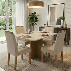 Mesa Salinas/Helô/Los Angeles 120 Cinamomo/Off White com 4 Cadeiras Sophia Linho Bege 200 – CEL MÓVEIS + WM DECOR