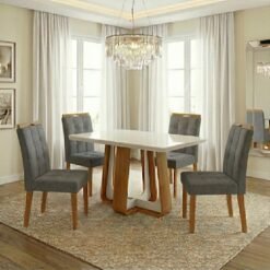 Mesa Sintonia (Tampo Maxi) 120 Amêndoa Clean/Off White com 4 Cadeiras Sophia Linho Cinza Grafite 206 – LOPAS + WM DECOR