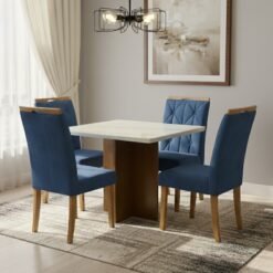 Mesa Salinas/Helô/Los Angeles 90 Cinamomo/Off White com 4 Cadeiras Yasmim Veludo Azul – CEL MÓVEIS + KM DECOR