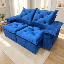 Sofá Retrátil e Reclinável Grécia 2,00 m Veludo Azul - QUINE ESTOFADOS