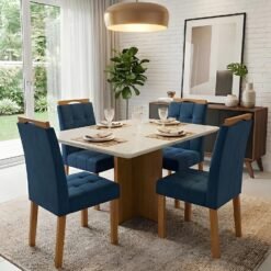 Mesa Salinas/Helô/Los Angeles 120 Cinamomo/Off White com 4 Cadeiras Sophia Veludo Azul – CEL MÓVEIS + WM DECOR