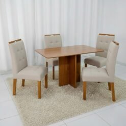 Mesa Salinas 120 (Tampo Londres s/ vidro) Cinamomo com 4 Cadeiras Sophia Linho Bege 200 – CEL MÓVEIS + WM DECOR