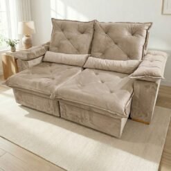 Sofá Retrátil e Reclinável Porto Madero/Brasão 2,00 m Veludo Bege - IMPERIAL DECOR