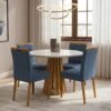 Mesa Redonda Berlim 100 Cinamomo/Off White com 4 Cadeiras Sophia Veludo Azul – CEL MÓVEIS + WM DECOR