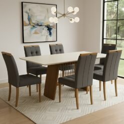 Mesa Damiana BA56 160 Canela/Off White com 6 Cadeiras Sophia Veludo Cinza Grafite – KAPPESBERG + WM DECOR
