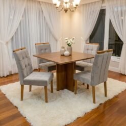 Mesa Salinas 100 (Tampo Dakota s/ vidro) Cinamomo com 4 Cadeiras Sophia Veludo Bege – CEL MÓVEIS + WM DECOR