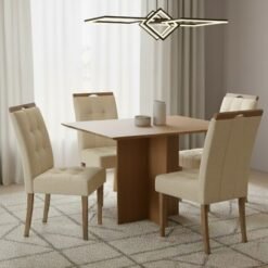 Mesa Pérola 90 Imbuia Mel (Tampo Viena s/vidro) com 4 Cadeiras Sophia Linho Bege 200 – CARVALHO DECOR + WM DECOR