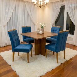Mesa Salinas 90 (Tampo Londres s/ vidro) Cinamomo com 4 Cadeiras Sophia Veludo Azul – CEL MÓVEIS + WM DECOR