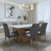 Mesa Apogeu (Tampo Maxi) 170 Amêndoa Clean/Off White com 6 Cadeiras Sophia Veludo Cinza Grafite – LOPAS + WM DECOR