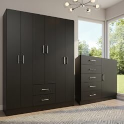 Guarda-Roupa 6 Portas Jamaica 6002 + Cômoda 5 Gavetas Sapateira Miami Preto – FELLICCI