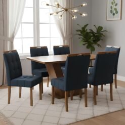 Mesa Classic 160 Cinamomo Laminado com 6 Cadeiras Sophia Veludo Azul – CEL MÓVEIS + WM DECOR
