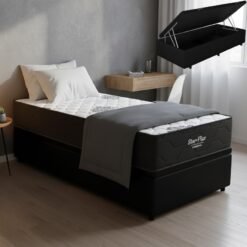 Colchão Solteiro Star Plus D26 + Base Box Baú Corino Preto – INOVAFLEX + ALTO NÍVEL CAMAS E COLCHÕES