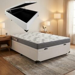 Colchão Casal Light D33 + Base Box Baú Corino Branco - ORTOBOM + ALTO NÍVEL CAMAS E COLCHÕES