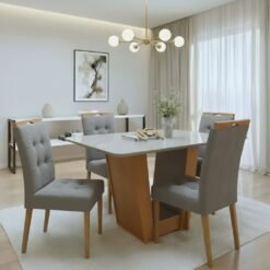 Mesa Apogeu (Tampo Maxi) 120 Amêndoa Clean/Off White com 4 Cadeiras Sophia Veludo Cinza Grafite – LOPAS + WM DECOR