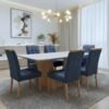 Mesa Apogeu (Tampo Maxi) 170 Amêndoa Clean/Off White com 6 Cadeiras Sophia Veludo Azul – LOPAS + WM DECOR