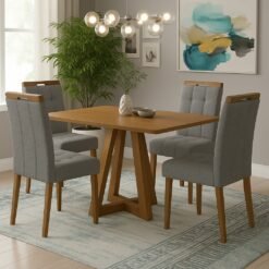 Mesa Alva ME02 120 Canela com 4 Cadeiras Sophia Linho Cinza Grafite 206 – KAPPESBERG + WM DECOR