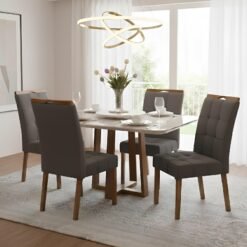 Mesa Pedro 120 Mel/Off White com 4 Cadeiras Sophia Veludo Cinza Grafite – ART ASSENTOS + WM DECOR