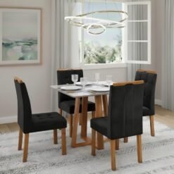 Mesa Bali 90 Cinamomo/Off White com 4 Cadeiras Sophia Veludo Preto – MINASPLAC + WM DECOR