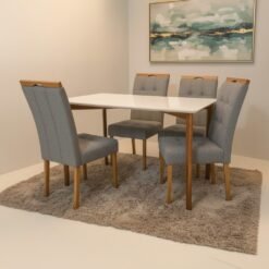 Mesa Ravena 120 Naturale/Off White com 4 Cadeiras Sophia Linho Cinza Grafite 206 – CLEFATOS DECOR + WM DECOR