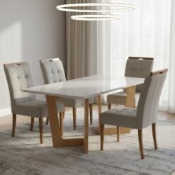Mesa Dubai 120 (Tampo Londres) Cinamomo/Off White com 4 Cadeiras Sophia Veludo Bege – CEL MÓVEIS + WM DECOR
