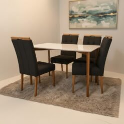 Mesa Ravena 120 Naturale/Off White com 4 Cadeiras Sophia Veludo Preto – CLEFATOS DECOR + WM DECOR
