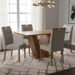 Mesa Classic 120 Cinamomo Laminado com 4 Cadeiras Sophia Veludo Cinza Grafite – CEL MÓVEIS + WM DECOR