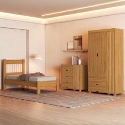 Guarda-Roupa 3 Portas + Cômoda 4 Gavetas com Sapateira + Cama Solteiro Bela Nature - MADEC MÓVEIS