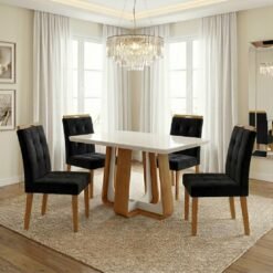 Mesa Sintonia (Tampo Maxi) 120 Amêndoa Clean/Off White com 4 Cadeiras Sophia Veludo Preto – LOPAS + WM DECOR