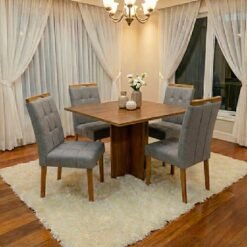 Mesa Salinas 100 (Tampo Dakota s/ vidro) Cinamomo com 4 Cadeiras Sophia Linho Cinza Grafite 206 – CEL MÓVEIS + WM DECOR