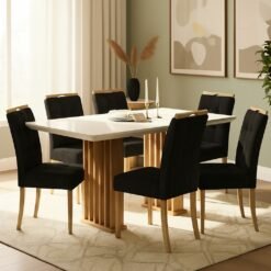 Mesa Mona/Munique 160 Mel/Blonde Off White com 6 Cadeiras Sophia Veludo Preto – VIERO + WM DECOR
