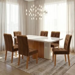 Mesa Astrid (Tampo Maxi) 170 Amêndoa Clean/Off White com 6 Cadeiras Sophia Veludo Marrom – LOPAS + WM DECOR