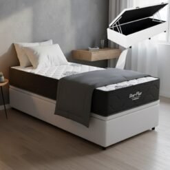 Colchão Solteiro Star Plus D26 + Base Box Baú Corino Branco – INOVAFLEX + BIOSTAR