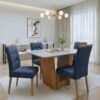 Mesa Apogeu (Tampo Maxi) 120 Amêndoa Clean/Off White com 4 Cadeiras Sophia Veludo Azul – LOPAS + WM DECOR