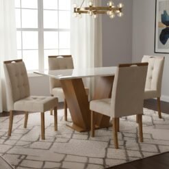 Mesa Classic 120 Cinamomo/Off White com 4 Cadeiras Sophia Veludo Bege – CEL MÓVEIS + WM DECOR
