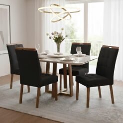 Mesa Pedro 120 Mel/Off White com 4 Cadeiras Sophia Veludo Preto – ART ASSENTOS + WM DECOR