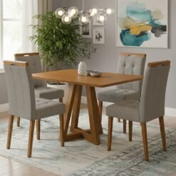 Mesa Alva ME02 120 Canela com 4 Cadeiras Sophia Veludo Cinza Grafite – KAPPESBERG + WM DECOR