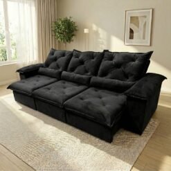 Sofá Retrátil e Reclinável Porto Madero/Brasão 2,75 m Veludo Preto - IMPERIAL DECOR