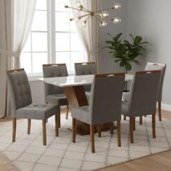 Mesa Classic 160 Cinamomo/Off White com 6 Cadeiras Sophia Linho Cinza Grafite 206 – CEL MÓVEIS + WM DECOR
